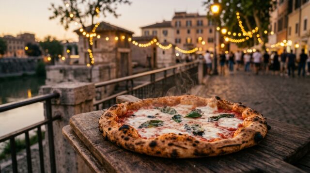 Pizza margherita napoletana fumante su tavolo in legno con luci e folla sul Lungotevere, Pizza Village Roma 2026
