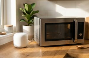 Wi-Fi che rallenta col microonde acceso: il test di 90 secondi che lo dimostra in casa Router wifi bianco vicino a un forno a microonde su un piano cucina in legno