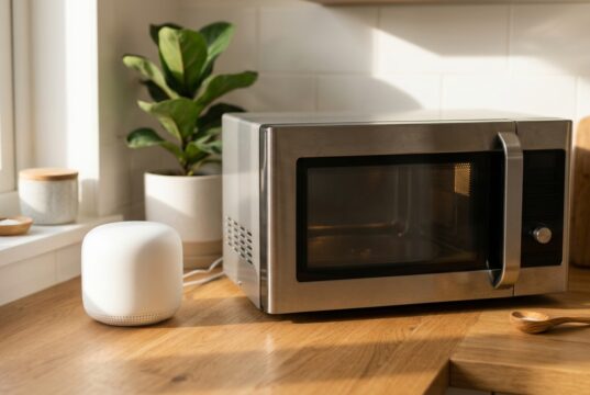 Wi-Fi che rallenta col microonde acceso: il test di 90 secondi che lo dimostra in casa Router wifi bianco vicino a un forno a microonde su un piano cucina in legno