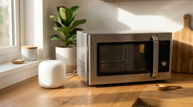 Router wifi bianco vicino a un forno a microonde su un piano cucina in legno
