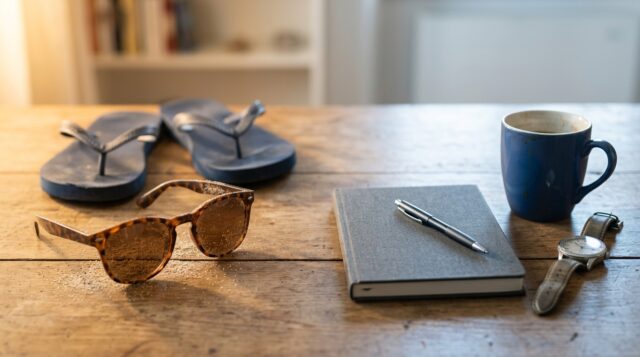 Occhiali da sole con sabbia e infradito accanto ad agenda, penna, tazza di caffè e orologio su scrivania in legno, simbolo del passaggio dalle vacanze al rientro