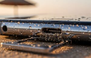 Fotocamera dello smartphone appannata al mare: il gesto che rovina la tenuta stagna Vano SIM e porta USB-C di uno smartphone con sabbia e gocce d'acqua incastrate nella guarnizione, spiaggia al tramonto