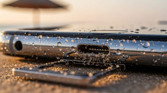 Sabbia e acqua nella guarnizione dello smartphone: il danno nascosto della spiaggia Vano SIM e porta USB-C di uno smartphone con sabbia e gocce d'acqua incastrate nella guarnizione, spiaggia al tramonto