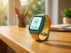 Lo smartwatch che doveva proteggere tuo figlio può diventare una porta per spiarlo Smartwatch colorato per bambini con icona a scudo e lucchetto sullo schermo, appoggiato su una scrivania di legno con matite colorate e quaderno aperto per il rientro a scuola