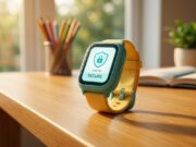 Lo smartwatch che doveva proteggere tuo figlio può diventare una porta per spiarlo Smartwatch colorato per bambini con icona a scudo e lucchetto sullo schermo, appoggiato su una scrivania di legno con matite colorate e quaderno aperto per il rientro a scuola