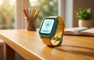 Lo smartwatch che doveva proteggere tuo figlio può diventare una porta per spiarlo Smartwatch colorato per bambini con icona a scudo e lucchetto sullo schermo, appoggiato su una scrivania di legno con matite colorate e quaderno aperto per il rientro a scuola