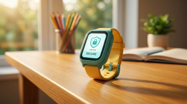 Smartwatch colorato per bambini con icona a scudo e lucchetto sullo schermo, appoggiato su una scrivania di legno con matite colorate e quaderno aperto per il rientro a scuola