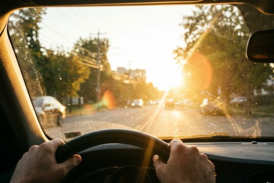 Il sole di settembre torna ad abbagliare chi guida: ecco le fasce orarie a rischio Vista dall'abitacolo di un'auto con il sole basso di settembre che abbaglia il parabrezza durante la guida mattutina