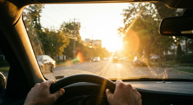 Sole basso a settembre: l'abbagliamento durante la guida vista dall'abitacolo Vista dall'abitacolo di un'auto con il sole basso di settembre che abbaglia il parabrezza durante la guida mattutina
