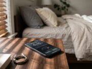 La sveglia del telefono non suona più: i veri motivi e come risolvere Uno smartphone con una sveglia digitale silenziosa appoggiato su un comodino in legno scuro al mattino.