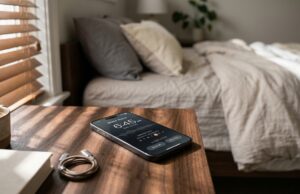La sveglia del telefono non suona più: i veri motivi e come risolvere Uno smartphone con una sveglia digitale silenziosa appoggiato su un comodino in legno scuro al mattino.