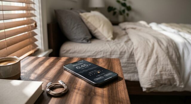 Uno smartphone con una sveglia digitale silenziosa appoggiato su un comodino in legno scuro al mattino.