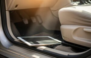 Tablet dei bambini dimenticato in auto: il danno alla batteria che si scopre solo a settembre Tablet bianco appoggiato nel vano piedi di un'auto, vicino ai pedali, illuminato dalla luce calda del sole attraverso il parabrezza