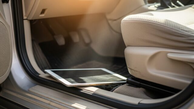 Tablet dei bambini dimenticato in auto: il danno alla batteria che si scopre solo a settembre Tablet bianco appoggiato nel vano piedi di un'auto, vicino ai pedali, illuminato dalla luce calda del sole attraverso il parabrezza