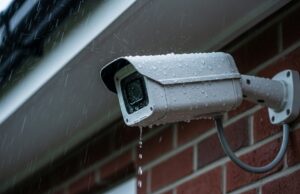 Telecamera da esterno e temporali: dove sigillare i cavi per non bruciarla Telecamera di sorveglianza esterna bagnata dalla pioggia durante un temporale estivo, montata su parete in mattoni