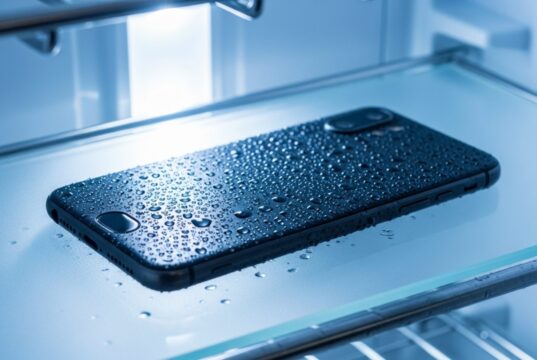 Telefono in frigorifero per raffreddarlo dopo il caldo: il danno che si vede solo dopo Smartphone nero coperto di gocce di condensa appoggiato su un ripiano di vetro dentro il frigorifero