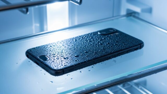 Telefono in frigorifero: la condensa che si forma sul retro dello smartphone Smartphone nero coperto di gocce di condensa appoggiato su un ripiano di vetro dentro il frigorifero