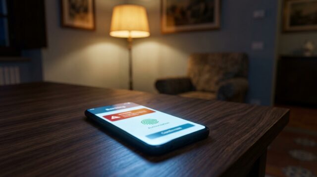 Truffa BANCOMAT Pay: la notifica di pagamento sospetta sullo smartphone Smartphone con notifica di pagamento sospetta e richiesta di autorizzazione, esempio della truffa BANCOMAT Pay, su tavolo in legno in salotto di sera