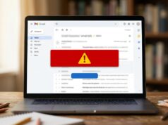 Truffa dell’iscrizione a scuola: il falso avviso di pagamento che inganna i genitori Schermo di laptop con email sospetta, banner di allarme rosso e pulsante di pagamento, simbolo della truffa sull'iscrizione a scuola
