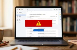 Truffa dell’iscrizione a scuola: il falso avviso di pagamento che inganna i genitori Schermo di laptop con email sospetta, banner di allarme rosso e pulsante di pagamento, simbolo della truffa sull'iscrizione a scuola