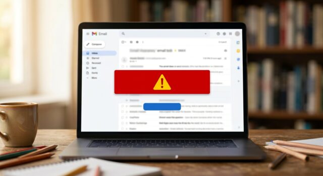 Schermo di laptop con email sospetta, banner di allarme rosso e pulsante di pagamento, simbolo della truffa sull'iscrizione a scuola