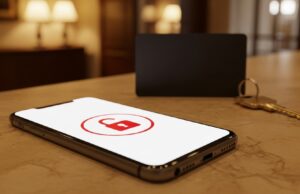 Il Wi-Fi gratuito dell’hotel nasconde un rischio per i tuoi dati: ecco come proteggerti in vacanza Smartphone su bancone di marmo di un hotel con icona di lucchetto rosso aperto sullo schermo, simbolo del rischio del wifi gratuito in vacanza