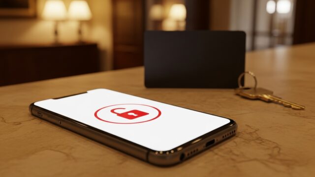 Wifi hotel non sicuro: il rischio per i tuoi dati in vacanza Smartphone su bancone di marmo di un hotel con icona di lucchetto rosso aperto sullo schermo, simbolo del rischio del wifi gratuito in vacanza