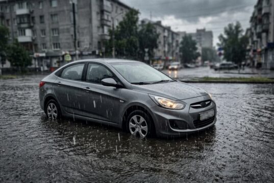 Pozzanghera profonda e maltempo in arrivo: cosa fare per non rovinare il motore dell’auto Auto ferma in una pozzanghera profonda durante un temporale, a rischio di colpo d'acqua al motore