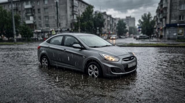 Pozzanghera profonda con l'auto: attenzione al colpo d'acqua al motore Auto ferma in una pozzanghera profonda durante un temporale, a rischio di colpo d'acqua al motore
