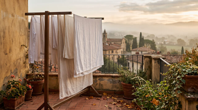 Bucato steso fuori nella foschia d'autunno dopo l'equinozio Bucato steso su una terrazza in Toscana all'alba, con foschia autunnale dopo l'equinozio di settembre