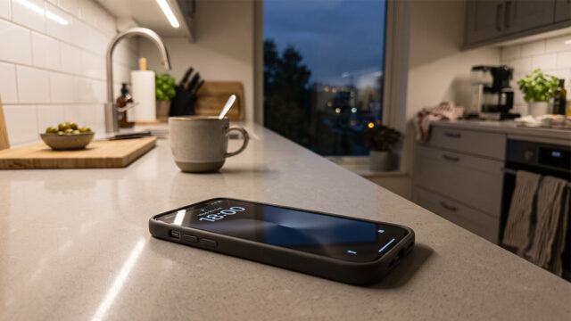 Smartphone su un piano cucina che segna le 18:00, con il buio già calato fuori dalla finestra in una sera di ottobre