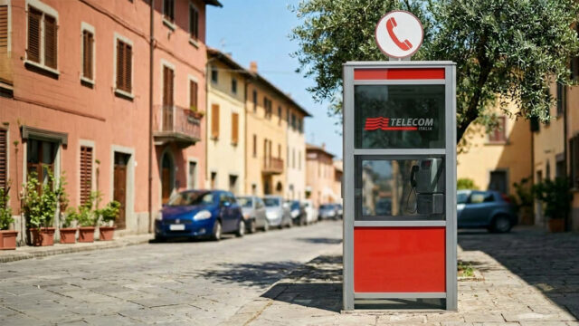 Vecchia cabina telefonica pubblica Telecom Italia con cornetta e vetri rossi in una strada italiana
