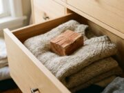 Cambio armadio a fine estate: il gesto quotidiano che riempie i vestiti di buchi entro l’inverno Blocco di legno di cedro rosso appoggiato su maglioni di lana ripiegati in un cassetto, rimedio naturale contro le tarme nel cambio armadio