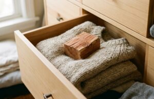Cambio armadio a fine estate: il gesto quotidiano che riempie i vestiti di buchi entro l’inverno Blocco di legno di cedro rosso appoggiato su maglioni di lana ripiegati in un cassetto, rimedio naturale contro le tarme nel cambio armadio