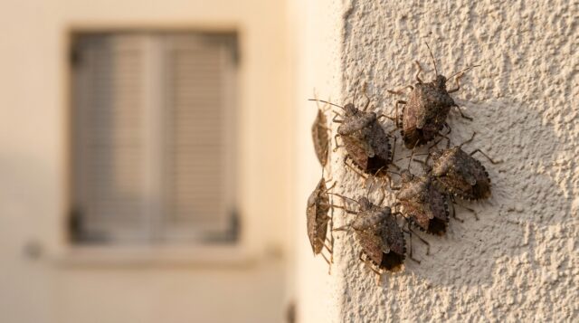 Gruppo di cimici asiatiche aggregate sull'angolo di una parete esterna di casa in una calda giornata di settembre