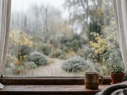 Finestre chiuse al primo freddo: l’errore mattutino che riempie casa di condensa in autunno Vetro di una finestra appannato dalla condensa interna in una mattina d'autunno, con tazza fumante e pianta sul davanzale