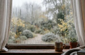 Finestre chiuse al primo freddo: l’errore mattutino che riempie casa di condensa in autunno Vetro di una finestra appannato dalla condensa interna in una mattina d'autunno, con tazza fumante e pianta sul davanzale