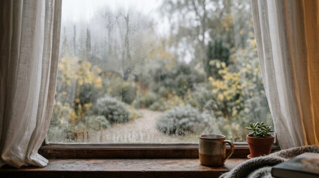 Condensa alle finestre in autunno: il vetro appannato dall'interno Vetro di una finestra appannato dalla condensa interna in una mattina d'autunno, con tazza fumante e pianta sul davanzale