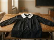 Grembiule nero delle medie: il vero motivo (non ideologico) per cui era quel colore Grembiule nero da scuola media con colletto bianco disteso su un banco di legno d'epoca in un'aula scolastica