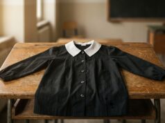 Grembiule nero delle medie: il vero motivo (non ideologico) per cui era quel colore Grembiule nero da scuola media con colletto bianco disteso su un banco di legno d'epoca in un'aula scolastica