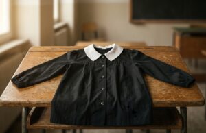 Grembiule nero delle medie: il vero motivo (non ideologico) per cui era quel colore Grembiule nero da scuola media con colletto bianco disteso su un banco di legno d'epoca in un'aula scolastica