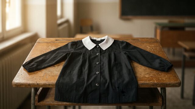 Grembiule nero da scuola media con colletto bianco disteso su un banco di legno d'epoca in un'aula scolastica