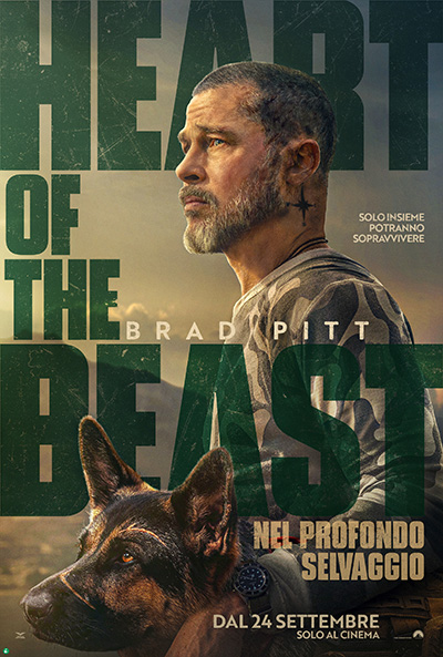 Locandina italiana di "Heart of the Beast" con Brad Pitt e il cane Odino, al cinema dal 24 settembre