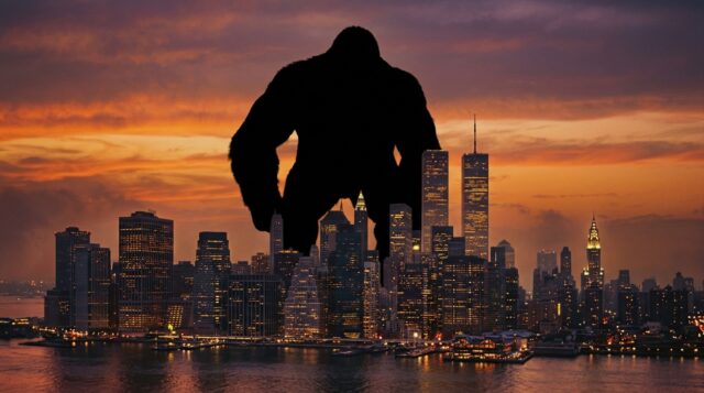 King Kong 1976, la sagoma del gigante sullo skyline di New York Sagoma di un gorilla gigante in controluce su uno skyline di New York al tramonto, richiamo al King Kong del 1976