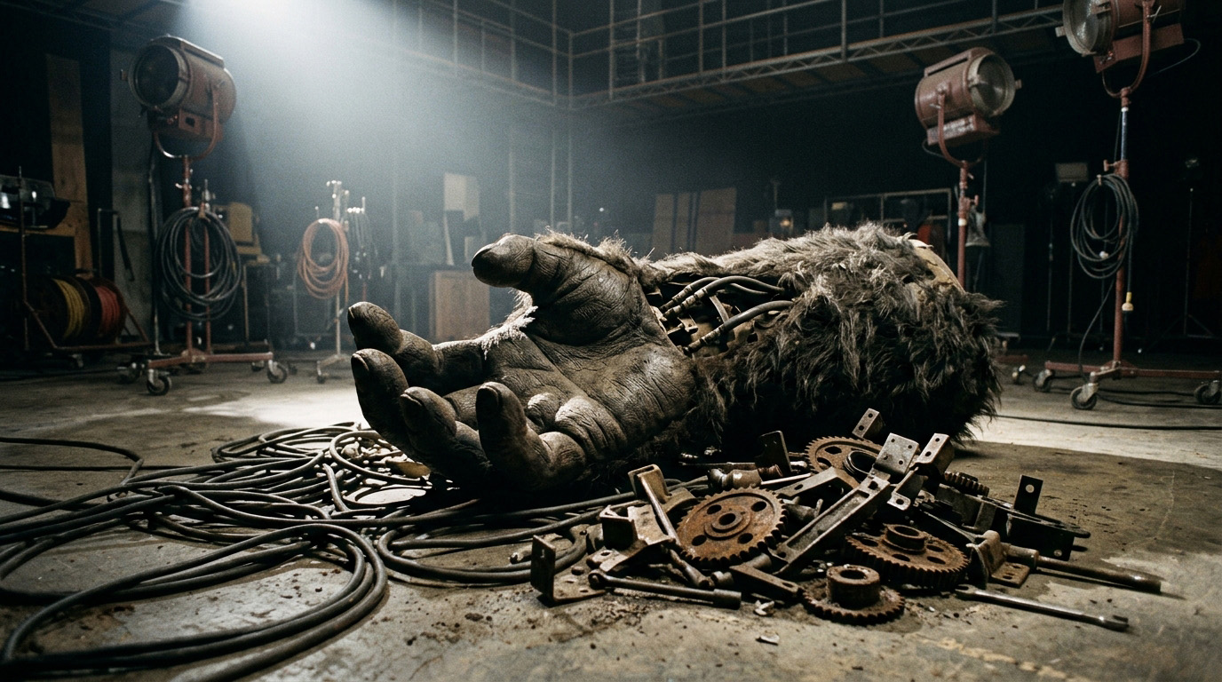 Mano meccanica gigante del King Kong di Rambaldi abbandonata sul set tra cavi e ingranaggi