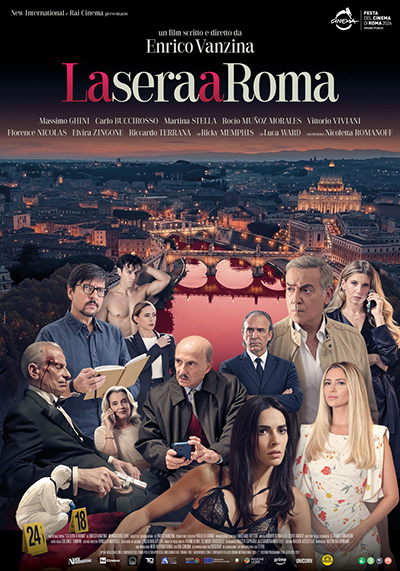Locandina ufficiale del film La sera a Roma di Enrico Vanzina: panorama di Roma al tramonto e i personaggi del giallo