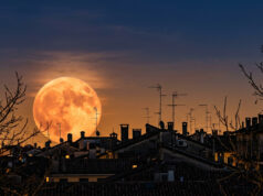 Luna del Cacciatore 2026: il 26 ottobre sembra enorme, non è come pensi Luna del Cacciatore gigante e arancione che sorge dietro i tetti di un centro storico italiano al tramonto