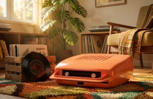 Il mangiadischi in casa: l’oggetto che ha insegnato la musica a una generazione di bambini italiani Mangiadischi vintage arancione anni '70, con dischi 45 giri in una cassetta di legno su un tappeto colorato
