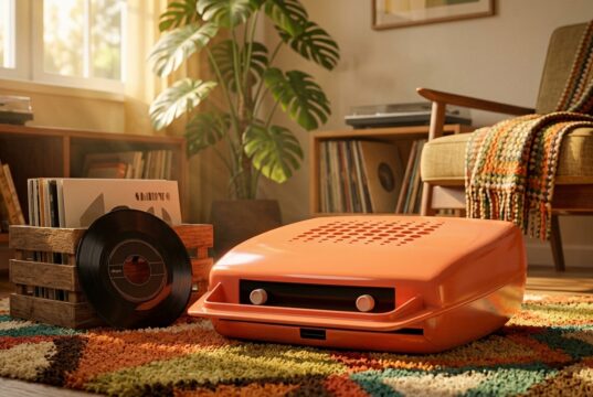 Il mangiadischi in casa: l’oggetto che ha insegnato la musica a una generazione di bambini italiani Mangiadischi vintage arancione anni '70, con dischi 45 giri in una cassetta di legno su un tappeto colorato