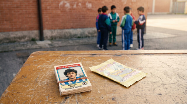 Mazzo di figurine calcistiche vintage anni '90 legato con un elastico su un vecchio banco di scuola, con una bustina vuota aperta a fianco e un gruppo di ragazzini in tuta sportiva sullo sfondo contro un muro di mattoni